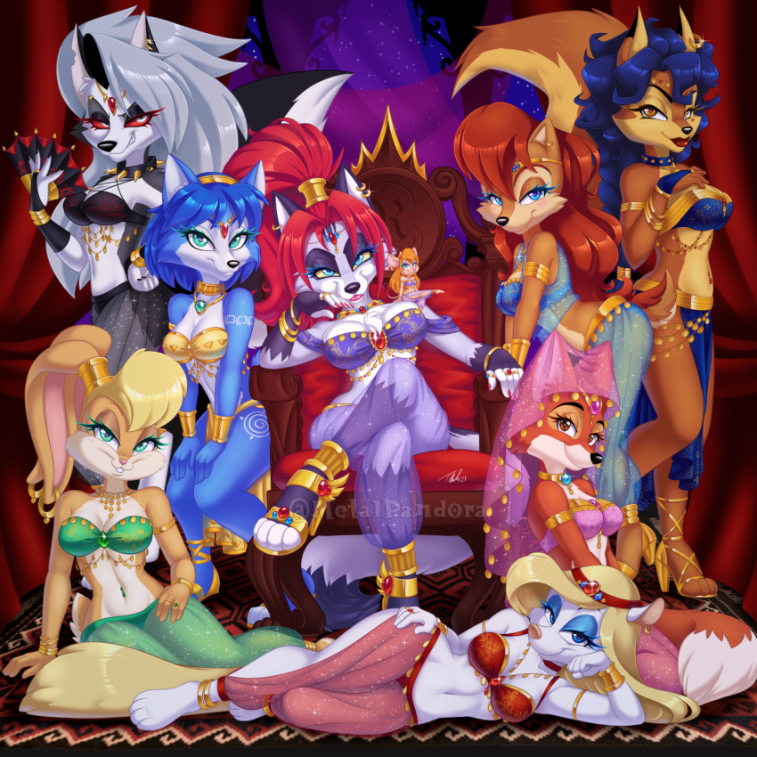1:1 2021 4_toes 5_fingers animaniacs anklet anthro archie_comics barefoot belly_dancer black_nose blonde_hair blue_eyes blue_eyeshadow blue_hair bottomwear bracelet breasts brown_eyes brown_hair buckteeth canid canid_demon canine carmelita_fox chair chest_tuft chip_'n_dale_rescue_rangers chipmunk cleavage clothed clothing colored_nails crossed_legs crossover demon digit_ring digital_media_(artwork) dipstick_ears dipstick_tail disney ear_piercing ear_ring eyelashes eyeshadow feet female fingers folding_fan footwear fox furniture gadget_hackwrench grey_hair ground_squirrel group hair hand_on_hip harem harem_girl harem_outfit hellhound helluva_boss hi_res high_heeled_shoes high_heels jewelry krystal lagomorph leporid lipstick loincloth lola_bunny long_hair looking_at_viewer loona_(helluva_boss) looney_tunes lying maid_marian makeup mammal markings metalpandora minerva_mink mink mouse multicolored_ears multicolored_tail murid murine mustelid musteline nails navel navel_piercing necklace nintendo notched_ear on_side orange_hair piercing pink_nose plantigrade ponytail purple_eyeshadow rabbit red_hair red_lipstick red_sclera robin_hood_(disney) rodent sally_acorn sandals sciurid sega shoes short_hair signature sitting size_difference sly_cooper_(series) smile sonic_the_hedgehog_(archie) sonic_the_hedgehog_(comics) sonic_the_hedgehog_(series) sony_corporation sony_interactive_entertainment standing star_fox sucker_punch_productions tail_markings teeth throne toes translucent translucent_clothing true_musteline tuft video_games warner_brothers watermark white_eyes yellow_sclera