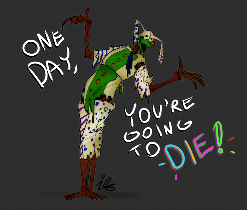 ! 2021 animated_skeleton anthro barefoot black_eyes blue_body blue_ears bone bottomwear brown_body claws clothing clown_nose dialogue english_text feet green_body grey_background lagomorph leporid long_ears male mammal mortality_(the_walten_files) multicolored_body multicolored_ears nightmare_fuel open_mouth pants purple_body rabbit raised_arm red_body red_nose shadow sharp_claws sharp_teeth shirt simple_background skeleton smile solo standing tan_body tan_ears teeth text the_truth the_walten_files toe_claws topwear torn_clothing undead white_body yellow_sclera yellow_teeth zelebirbo