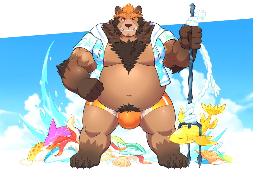 anthro belly blue_clothing blue_topwear bottomwear brown_body brown_fur bulge clothed clothing eyebrows fur hair kulplant lingguang male mammal marine melee_weapon nipples notes_of_hearts one_eye_closed open_clothing open_topwear orange_bottomwear orange_clothing orange_hair overweight overweight_anthro overweight_male polearm pubes solo standing swimwear topwear trident ursid weapon