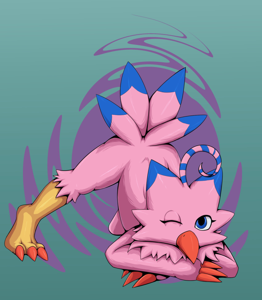 2021 anthro anthrofied avian bandai_namco beak bird biyomon blue_eyes breast_squish breasts butt claws clothing curvy_figure desura- digimon digimon_(species) digital_media_(artwork) feathers female hi_res jack-o'_pose looking_at_viewer non-mammal_breasts nude one_eye_closed pink_body pink_feathers pose solo spread_legs spreading squish tail_feathers wink