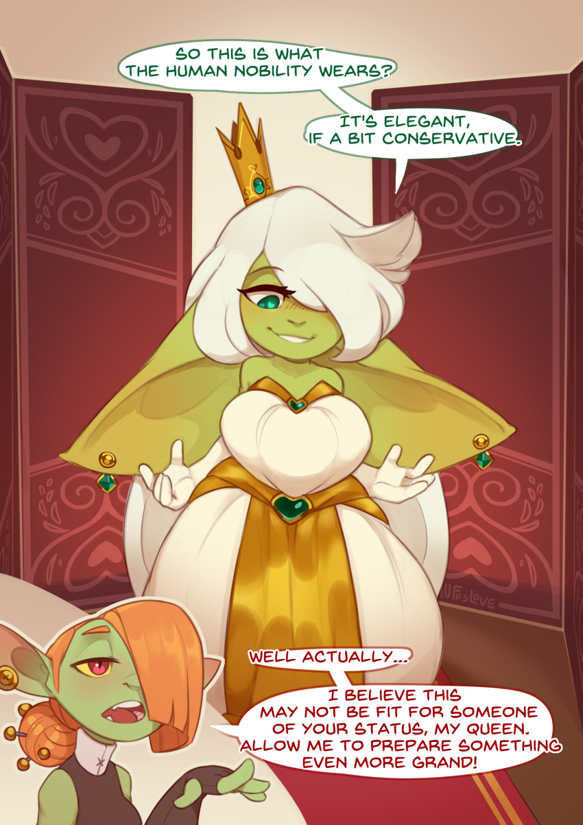 absurd_res big_ears breasts button_(huffslove) clothed clothing crown detailed_background dialogue dress duo ear_piercing ear_ring english_text female goblin hi_res huffslove humanoid inside not_furry piercing queen_regina royalty short_stack standing text