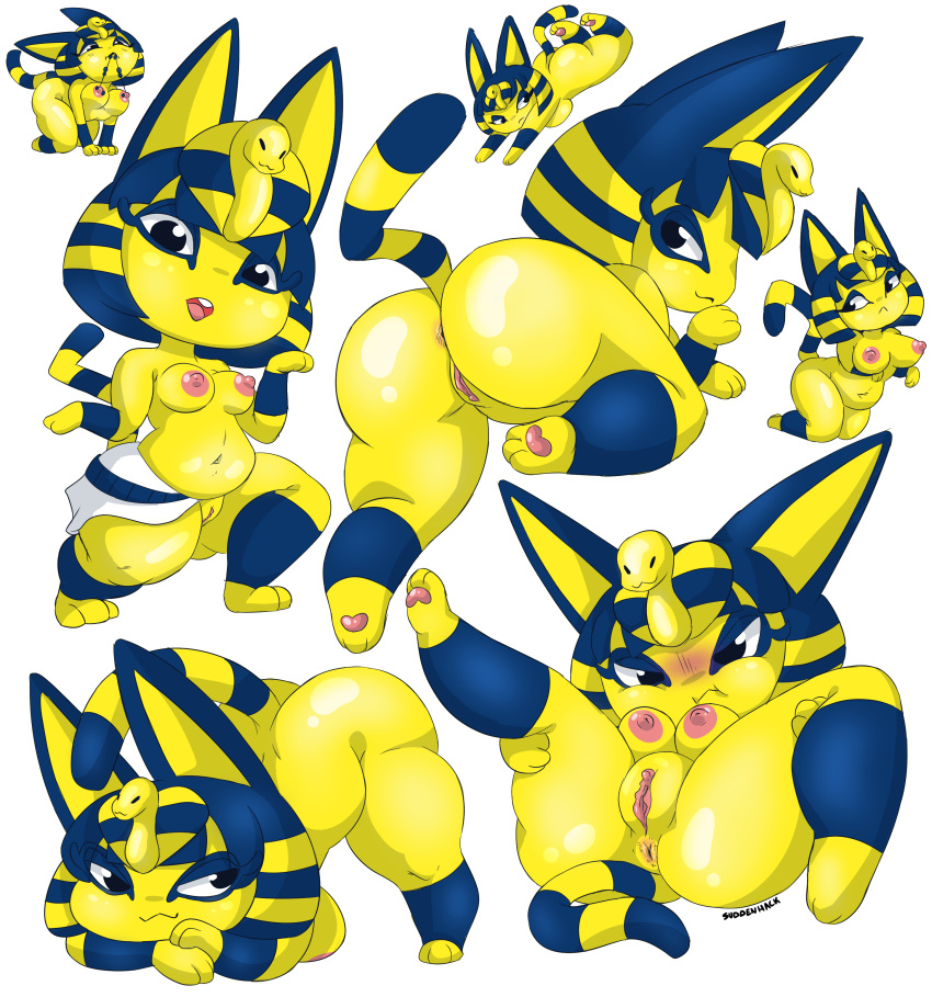 :3 absurd_res all_fours animal_crossing ankha_(animal_crossing) anthro anus big_breasts blush breasts butt domestic_cat felid feline felis female frown genitals hi_res jack-o'_pose kneeling mammal mostly_nude multiple_poses nintendo nude open_mouth paws pose pussy rear_view smile solo spread_legs spreading suddenhack video_games