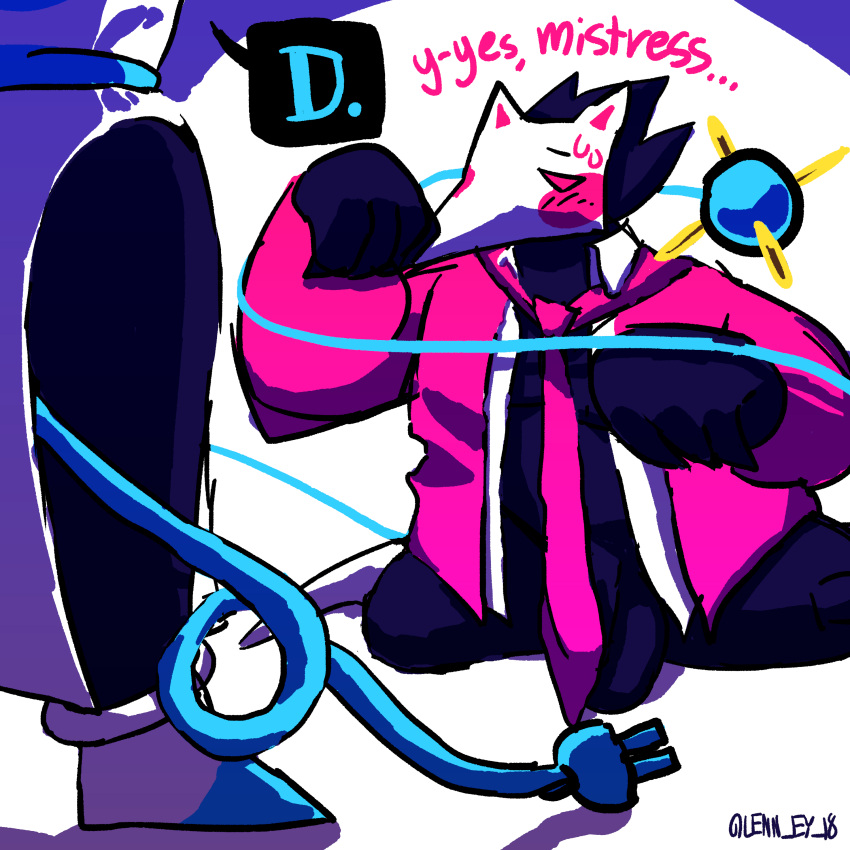 1:1 absurd_res anthro clothing deltarune dominant dominant_female duo female hi_res lenny_(artist) male male/female necktie nya_pose submissive submissive_male suit suit_and_tie swatchling tasque_manager undertale_(series) video_games whip