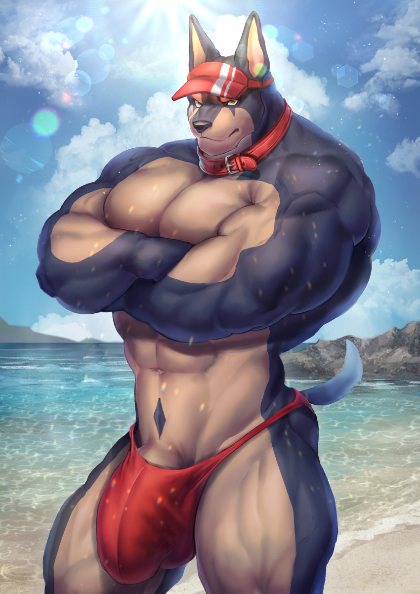 2021 abs absurd_res anthro balls beach big_arms big_balls big_muscles big_pecs bulge canid canine canis clothed clothing collar crossed_arms dobermann domestic_dog genital_outline genitals hi_res huge_muscles looking_at_viewer male mammal muscular muscular_male partially_clothed pecs penis penis_base penis_outline pinscher pubes seaside solo speedo swimwear thick_thighs topless visor yukihoshiak