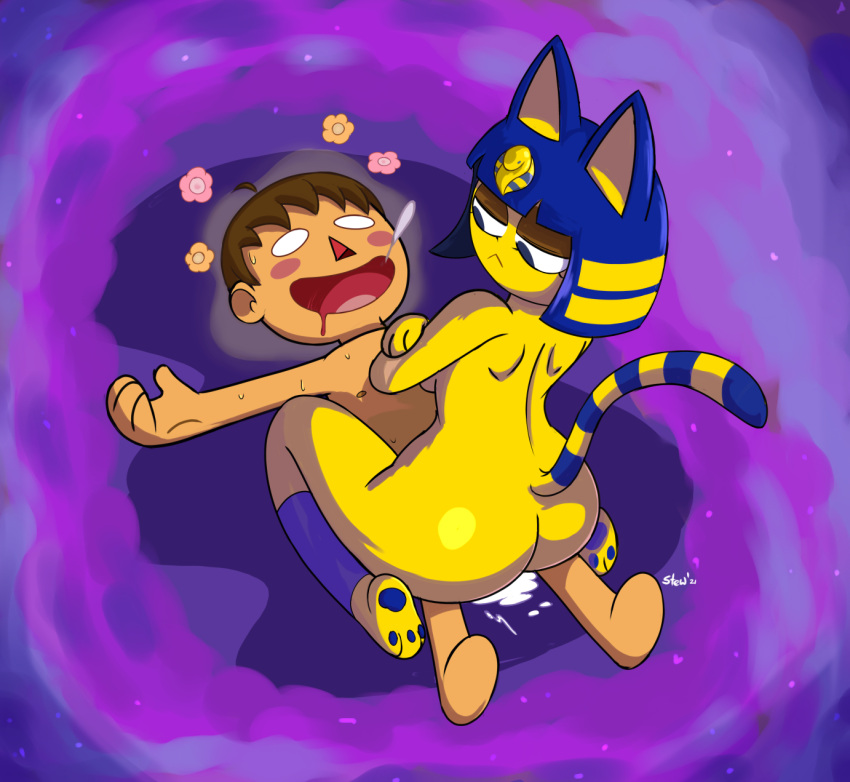 animal_crossing ankha_(animal_crossing) ankha_zone anthro bodily_fluids butt cowgirl_position crossed_arms cum cum_on_ground domestic_cat drooling duo empty_eyes felid feline felis female flower from_front_position frown genital_fluids hi_res human human_on_anthro interspecies kneeling looking_down male male/female mammal nintendo nude on_bottom on_top open_mouth open_smile paws plant saliva sex smile spicystew stewsspicyblog sweat unconscious video_games villager_(animal_crossing)