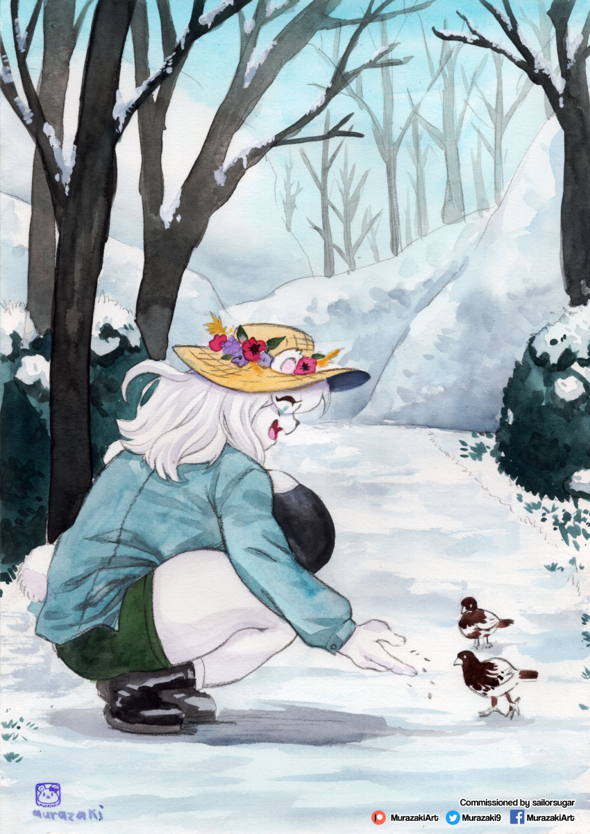 absurd_res anthro avian big_breasts biped bird bottomwear breasts clothed clothing crouching detailed_background female feral fully_clothed hair hat headgear headwear hi_res huge_breasts jacket mammal murazaki open_mouth outside painting_(artwork) plant shorts smile snow solo_focus thick_thighs topwear traditional_media_(artwork) tree watercolor_(artwork)