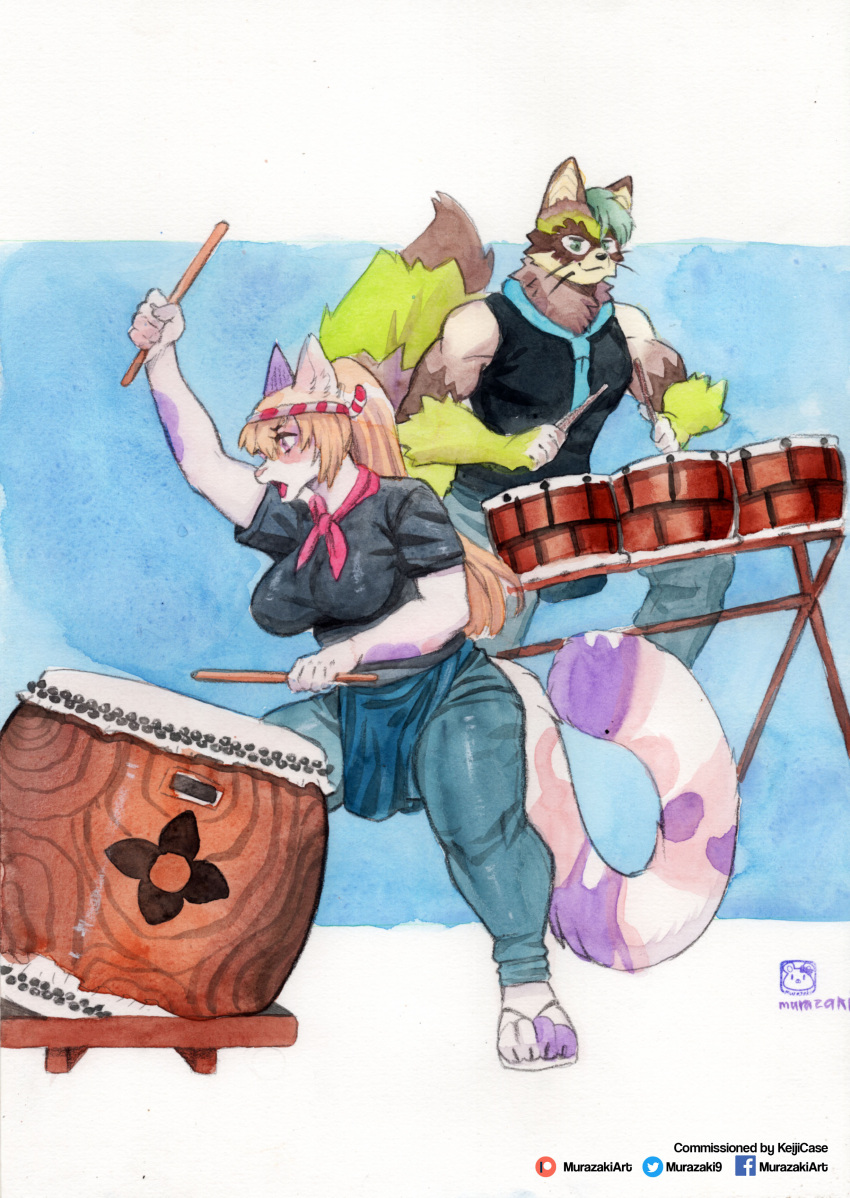 abstract_background absurd_res action_pose anthro biped bottomwear canid canine clothing denim denim_clothing drum duo fluffy fluffy_tail footwear fur hair hi_res jeans male mammal murazaki muscular muscular_anthro muscular_male musical_instrument painting_(artwork) pants percussion_instrument playing_music ponytail pose procyonid raccoon sandals simple_background traditional_media_(artwork) watercolor_(artwork)