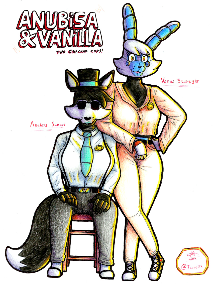 absurd_res animatronic anthro big_breasts breasts canid canine canis clothing converse_shoes domestic_dog duo eyewear female female/female hat headgear headwear hi_res lagomorph leporid machine mammal necktie police rabbit robot smile star sunglasses thick_thighs tunk_saray_lovesta wolf