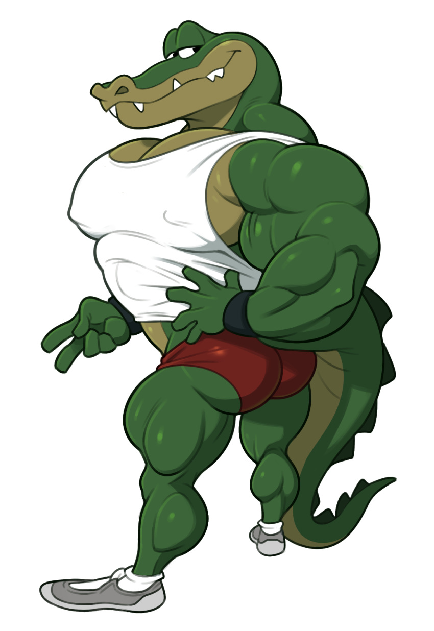 alligator alligatorid analon_(artist) animalympics anthro big_arms big_butt big_pecs bolt_jenkins butt clothing crocodilian gesture green_body hi_res looking_at_viewer looking_back looking_back_at_viewer male muscular muscular_male pecs reptile running_shoes scalie shirt simple_background solo speedo swimwear tank_top thick_thighs topwear v_sign white_background wide_shoulders