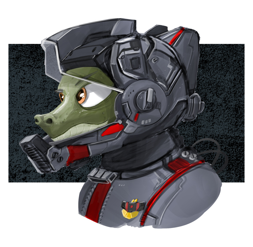 anthro armor green_body grey_suit havoc63 headgear helmet hi_res lizard male reptile scalie smile solo spacesuit yellow_eyes