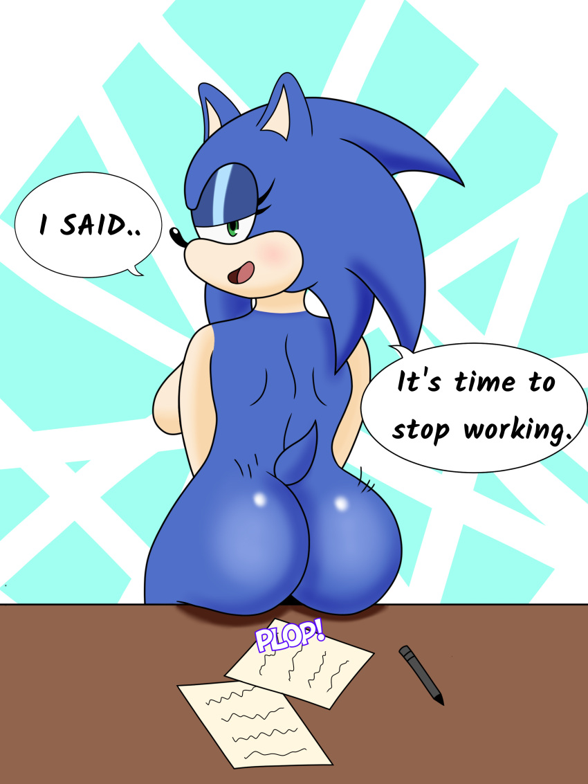 3:4 absurd_res anthro big_butt bloodred739 blue_body blue_fur butt crossgender desk female flirting_with_viewer fur furniture green_eyes hi_res mtf_crossgender sega solo sonic_the_hedgehog sonic_the_hedgehog_(series)