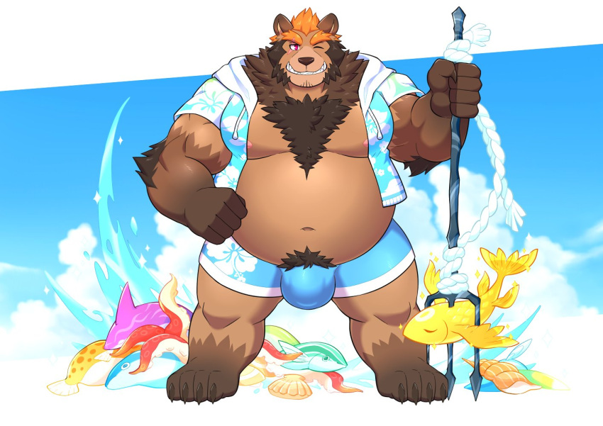 anthro belly blue_bottomwear blue_clothing blue_topwear bottomwear brown_body brown_fur bulge clothed clothing detailed_bulge eyebrows fur hair kulplant lingguang male mammal marine melee_weapon nipples notes_of_hearts one_eye_closed open_clothing open_topwear orange_hair overweight overweight_anthro overweight_male polearm pubes solo standing swimwear topwear trident ursid weapon