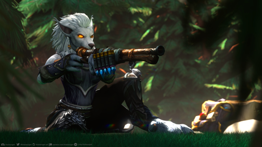 2021 3d_(artwork) 3dsmax 4_fingers absurd_res anthro armor armwear backpack black_nose blizzard_entertainment bullet canid clothed clothing digital_media_(artwork) digitigrade ears_back female fingers forest fur grass gun hair hi_res kneeling legwear mammal orange_eyes outside pivoted_ears plant ranged_weapon rifle solo text thatworgen tree url video_games warcraft watermark weapon were werecanid white_body white_fur white_hair worgen