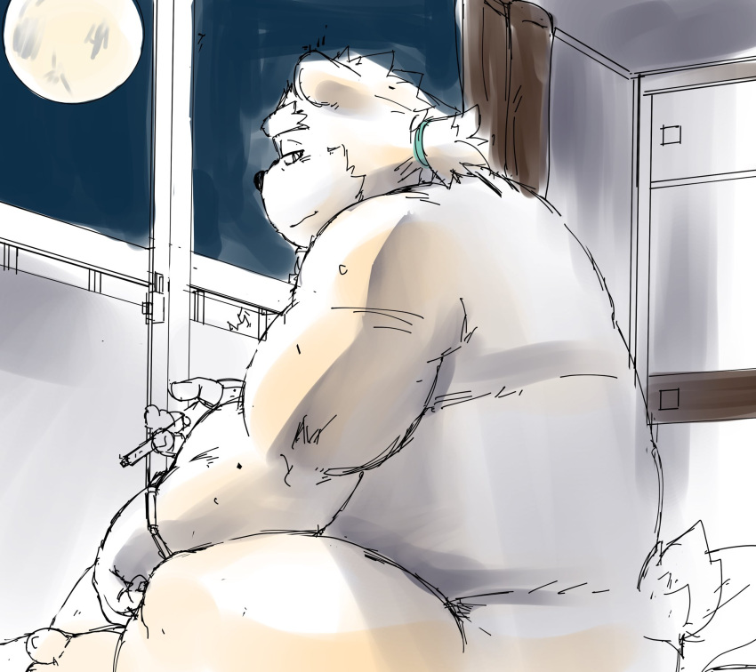 anthro cigarette hair hamagiato hi_res leib_(tas) lifewonders looking_at_viewer looking_back male mammal moon night nude overweight overweight_male polar_bear ponytail sketchy smoking tokyo_afterschool_summoners ursid ursine video_games