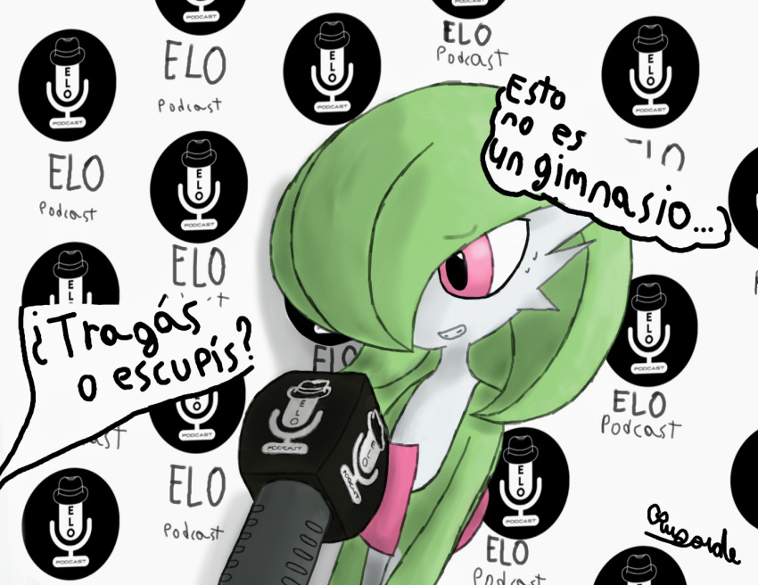 awkward bodily_fluids clothing female gardevoir hat headgear headwear humanoid microphone nervous nervous_smile nintendo not_furry podcast pok&eacute;mon pok&eacute;mon_(species) rusoide smile solo spanish_text sweat text thinking video_games