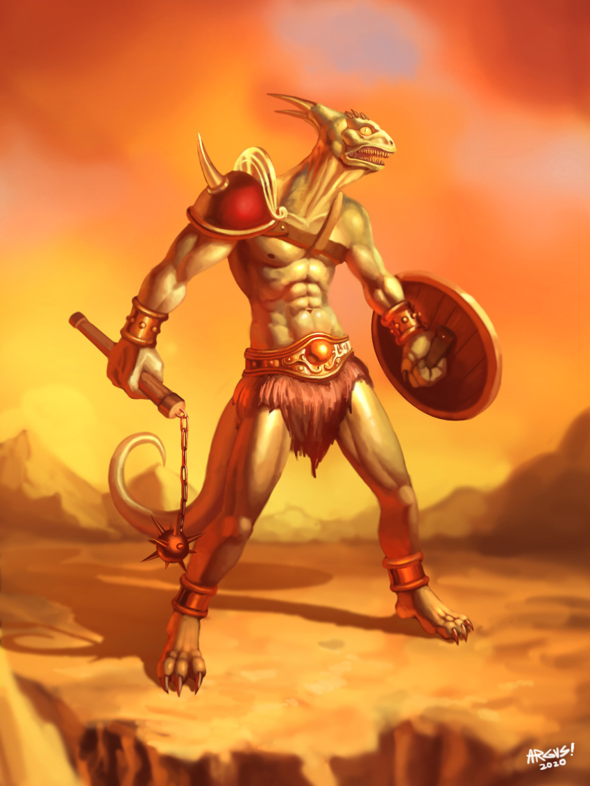 3:4 abs absurd_res ankle_band anthro argus_del_norte armor belt bottomwear cliff clothing green_body green_skin hi_res horn lizard loincloth looking_side male morningstar_(weapon) mostly_nude navel nipples non-mammal_navel non-mammal_nipples official_art outside pauldron pupils reptile scalie sharp_teeth shield slit_pupils solo standing teeth telestians warrior watermark weapon wristband yellow_eyes