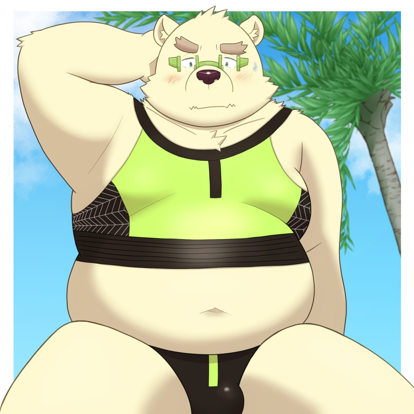 1:1 2021 anthro belly blush bulge clothed clothing eyebrows eyewear glasses hi_res leib_(tas) lifewonders male mammal navel obese overweight palm_tree plant polar_bear skimpy solo speedo swimwear thick_eyebrows tokyo_afterschool_summoners tree ursid ursine video_games yaki_atsuage