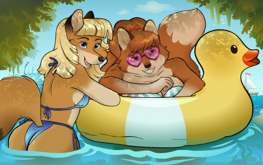 anthro big_breasts bikini black_nose blonde_hair boat breast_size_difference breasts brown_hair butt canid canine clothed clothing duo eyewear female fox fur germainethevixen glasses hair looking_back mammal nighttail_(enwood) open_mouth open_smile orange_body orange_fur partially_submerged primrose_(enwood) rear_view smile swimwear vehicle watercraft
