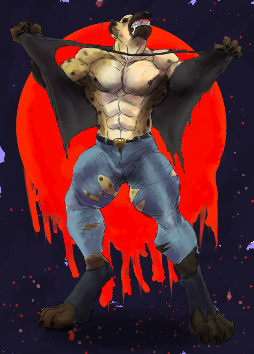 abs anthro belt belt_buckle biceps bodily_fluids bottomwear claws clothing deltoids denim denim_clothing digitigrade drooling eyes_closed fangs fur hi_res hyaenid jeans lancethewereyena male mammal multicolored_body multicolored_fur muscular muscular_male obliques pants pecs saliva shirt solo spots standing teeth thick_thighs topwear torn_bottomwear torn_clothing torn_shirt torn_shoes torn_topwear transformation two_tone_body two_tone_fur were werehyaenid