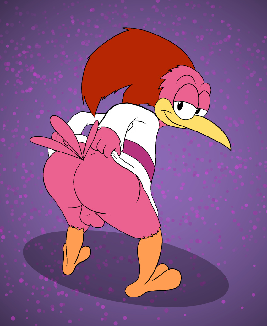 abstract_background anthro aracuan_bird avian backsack balls bedroom_eyes big_butt bird bottomless butt clothed clothing clothing_lift darkajugin feathers genitals hi_res looking_at_viewer looking_back male narrowed_eyes pink_body pink_feathers presenting presenting_hindquarters seductive shirt shirt_lift solo tail_feathers the_three_caballeros topwear