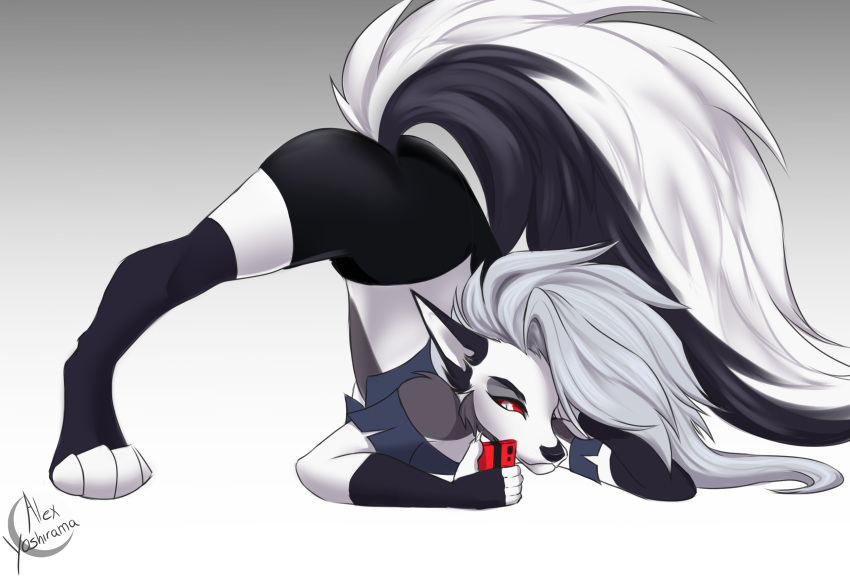 alexyoshirama anthro ass_up canid canine canis female fur helluva_boss hi_res jack-o'_pose looking_at_object looking_at_phone loona_(helluva_boss) mammal phone pose raised_tail solo white_body white_fur wolf