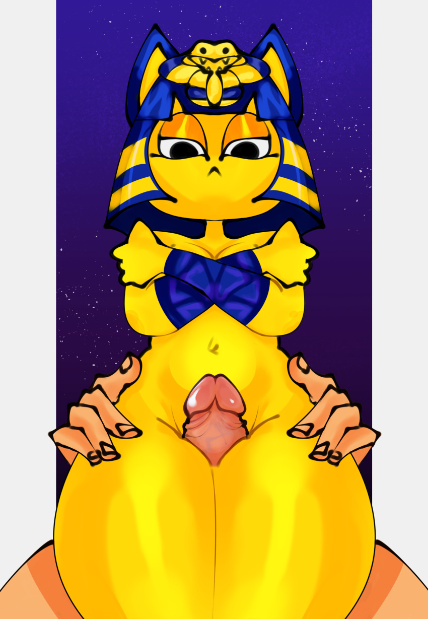 absurd_res animal_crossing ankha_(animal_crossing) ankha_zone anthro domestic_cat duo egyptian felid feline felis female genitals hi_res humanoid humanoid_genitalia humanoid_hands humanoid_on_anthro humanoid_penis looking_at_viewer male male/female mammal moonrick nintendo obscured_character penis sex thigh_sex video_games villager_(animal_crossing) yellow_body
