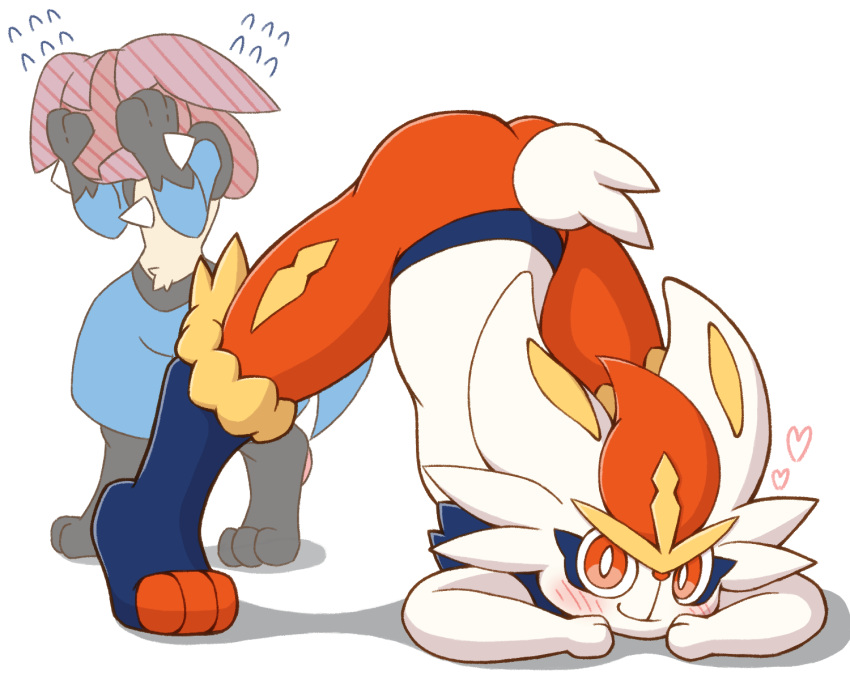 &lt;3 2021 5:4 acky05 ambiguous_gender anthro ass_up blush butt cinderace covering covering_eyes covering_face duo ears_down flustered fur hi_res jack-o'_pose looking_at_viewer lucario lying nintendo on_front pivoted_ears pok&eacute;mon pok&eacute;mon_(species) pose simple_background smile spikes spikes_(anatomy) standing tuft video_games white_background