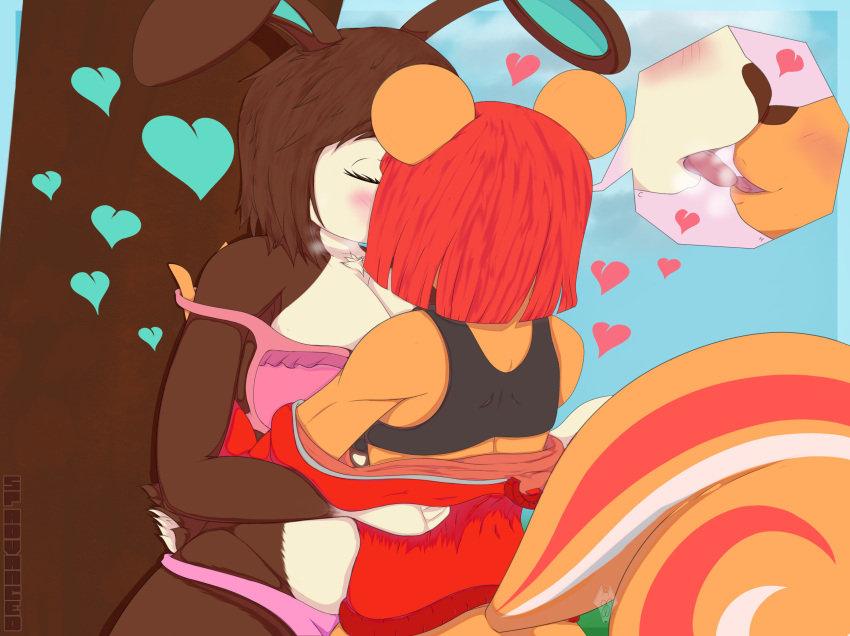 &lt;3 against_natural_surface against_surface against_tree animal_crossing anthro athletic big_tail blush bra breasts breath carmen_(animal_crossing) close-up clothing cloud duo embrace eyelashes eyes_closed female female/female french_kissing fur hair hare hazel_(animal_crossing) hi_res jacket kissing lagomorph leporid mammal multicolored_body multicolored_fur multicolored_tail nintendo open_mouth outside panties plant public rabbit rodent sciurid scut_tail short_tail size_difference small_dom_big_sub smile smirk sp_advanced sports_bra standing toned_female tongue tongue_out topwear tree tree_squirrel underwear undressing video_games