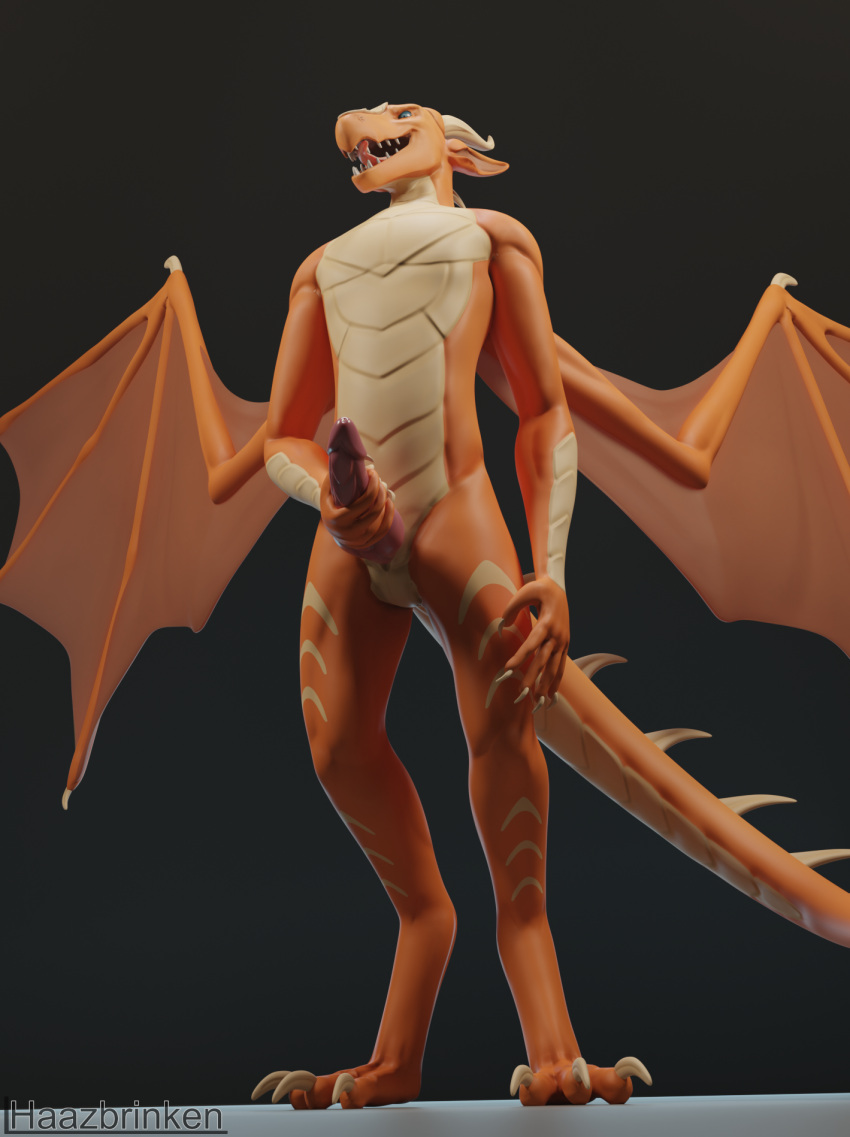 3d_(artwork) anthro claws crimson_night digital_media_(artwork) dragon erection genitals haazbrinken hand_on_penis hi_res horn knot looking_at_viewer low-angle_view male nude open_mouth orange_body orange_scales penis scales scalie solo tongue tongue_out western_dragon wings