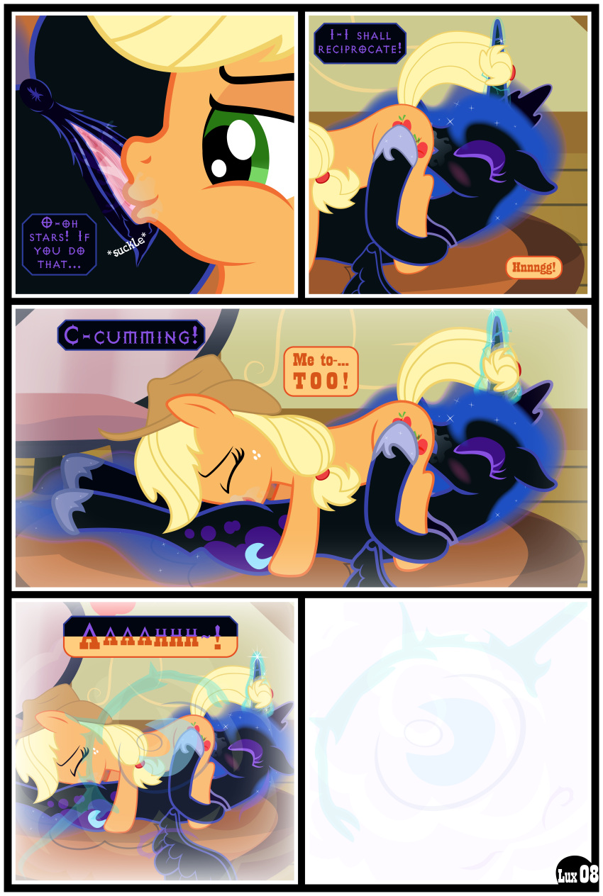69_position absurd_res anus applejack_(mlp) blonde_hair blue_eyes blue_hair bodily_fluids clitoral clitoral_sucking clitoris close-up clothing comic cosmic_hair cowboy_hat cunnilingus cutie_mark dialogue duo earth_pony equid equine ethereal_hair eyes_closed feathered_wings feathers female female/female feral feral_on_feral freckles friendship_is_magic genital_fluids genitals green_eyes gutovi-kun hair hasbro hat headgear headwear hi_res horn horn_fetish horn_play horn_sex hornjob horse lying magic mammal my_little_pony nightmare_moon_(mlp) on_back oral pony pussy pussy_juice sex vaginal wing_boner winged_unicorn wings