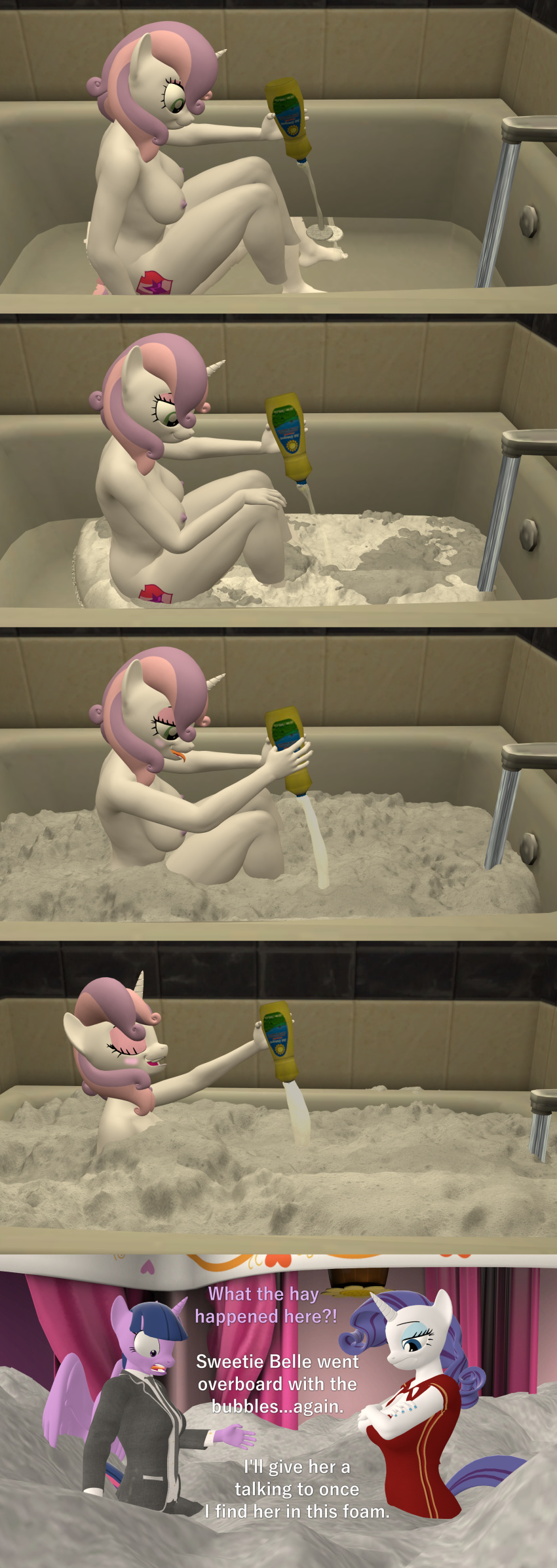 3d_(artwork) absurd_res anthro anthrofied bathtub breasts bubble_bath comic crossed_arms dialogue digital_media_(artwork) english_text equid equine female friendship_is_magic frown group hasbro hi_res horn mammal my_little_pony nude papadragon69 rarity_(mlp) sibling sister sisters sweetie_belle_(mlp) text trio twilight_sparkle_(mlp) unicorn winged_unicorn wings