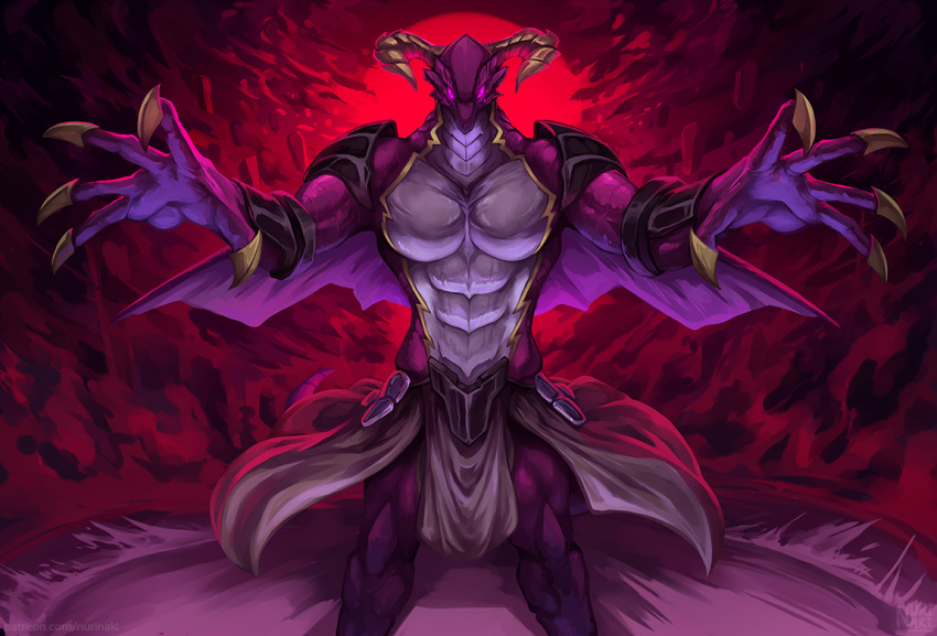 abs abstract_background anthro armor biped bottomwear brown_bottomwear brown_clothing claws clothing dragon finger_claws high_school_dxd horn looking_at_viewer male nurinaki pauldron purple_body purple_eyes purple_scales red_background scales scalie shaded simple_background solo standing tannin_(high_school_dxd) wrist_guards