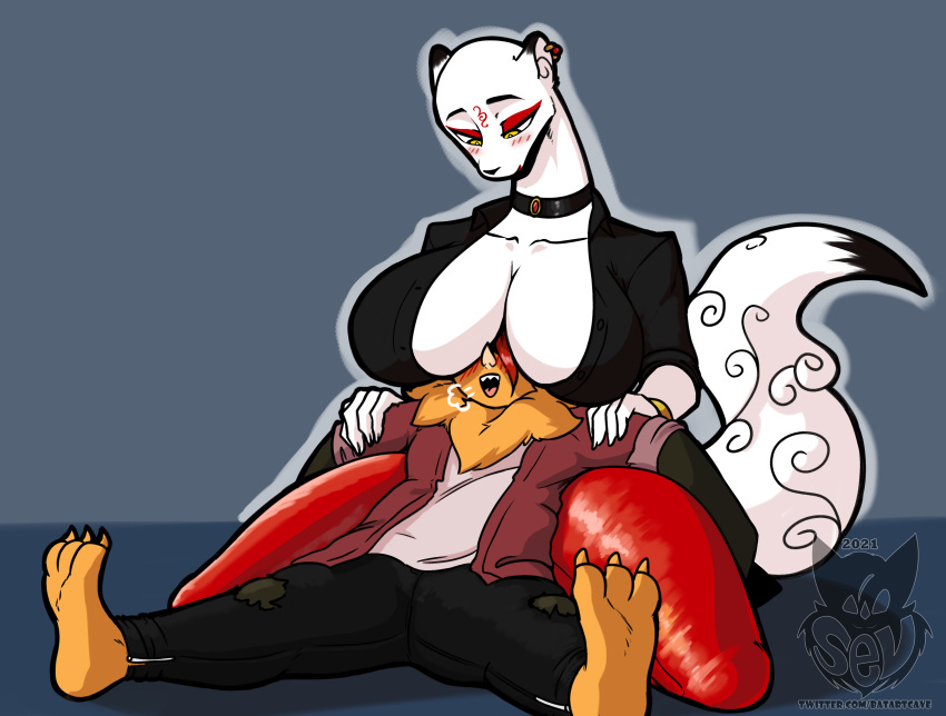 absurd_res anthro anthro_on_anthro batartcave big_breasts breasts choker cleavage clothed clothing ear_piercing ear_ring female hi_res jewelry keiko_tachibana male male/female mammal mustela mustelid musteline necklace piercing true_musteline white_body