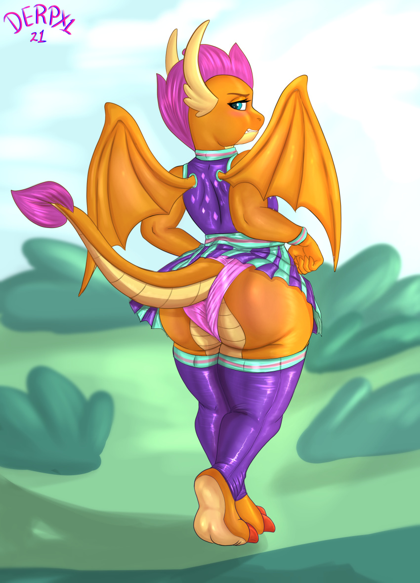 absurd_res anthro big_butt bottomwear butt cheerleader clothing derpx1 dragon female friendship_is_magic hasbro hi_res legwear membrane_(anatomy) membranous_wings my_little_pony orange_body orange_scales panties pom_poms scales skirt smolder_(mlp) solo thigh_highs underwear wings