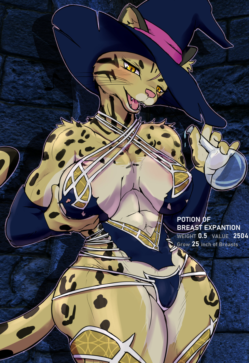 abs anthro bethesda_softworks blush breasts butt cottontail damaged_clothing felid female gameplay_mechanics hi_res khajiit magic_user mammal open_mouth potion skyrim solo the_elder_scrolls video_games