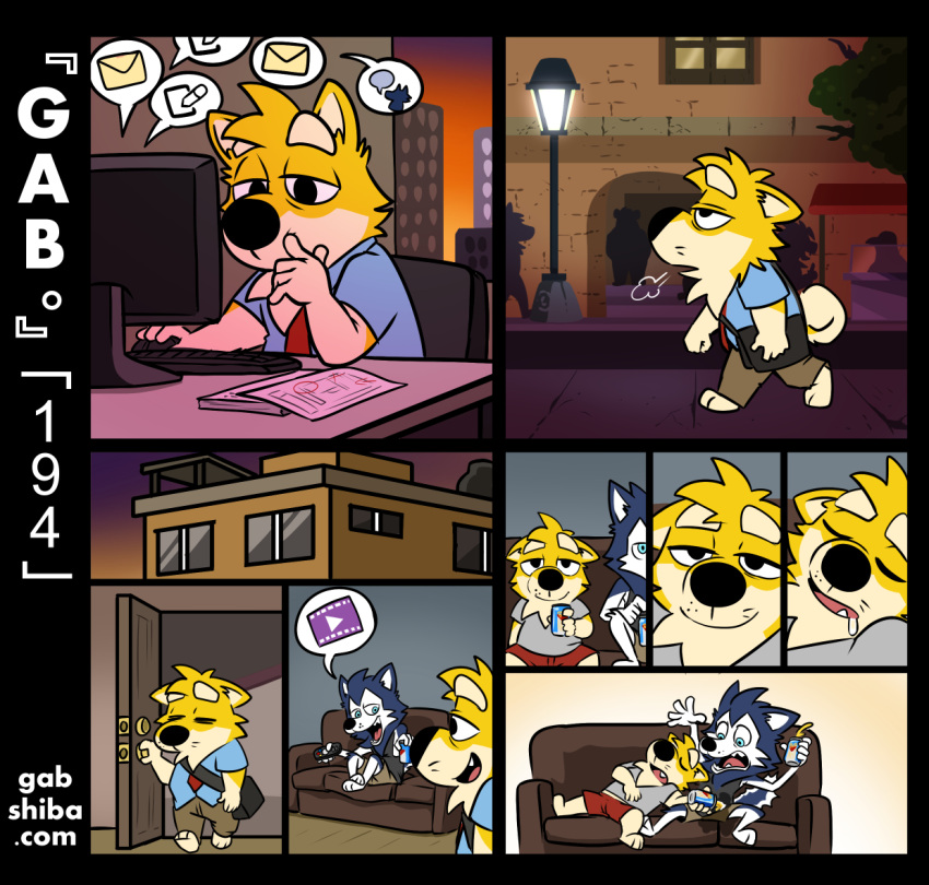 accident anthro at_work bau_husky beverage black_nose blue_body blue_eyes blue_fur bodily_fluids breath can canid canine canis city clothed clothing comic container dialogue domestic_dog drooling duo evening eyebrows eyes_closed falling_asleep fur furniture gab_(comic) gab_shiba gabshiba half-closed_eyes holding_can holding_container holding_object home husky inside looking_at_computer looking_at_object male mammal multicolored_body multicolored_fur narrowed_eyes nordic_sled_dog on_sofa opening_door pictographics saliva shiba_inu sitting sitting_on_chair sitting_on_sofa sleeping sofa solo spilling spilling_drink spitz text thick_eyebrows tired tired_eyes two_tone_body two_tone_fur url walking watching_movie watching_tv wet wet_clothing white_body white_fur yellow_body yellow_fur