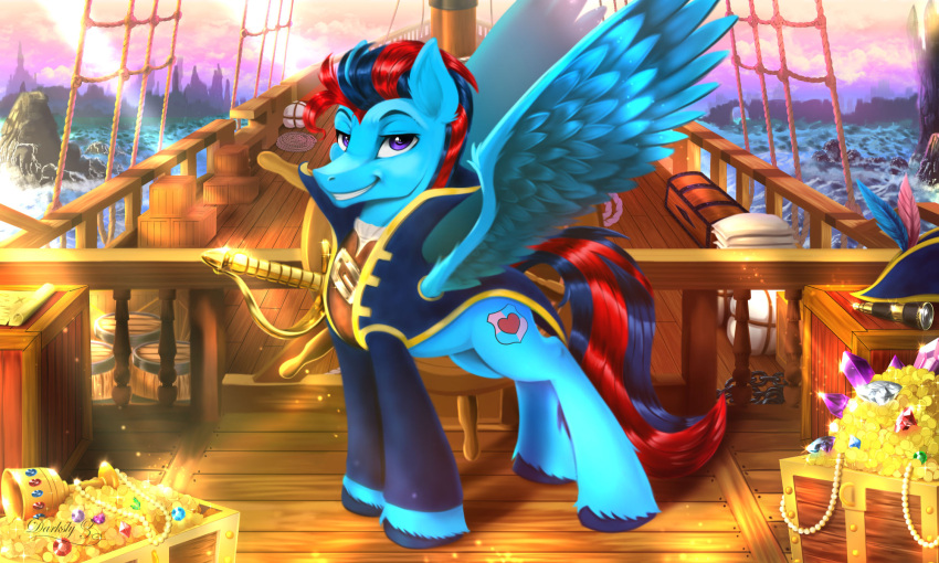 2021 5:3 blue_body clothing cloven_hooves cutie_mark darksly-z equid equine fan_character hasbro hi_res hooves looking_at_viewer mammal my_little_pony pegasus sea ship teeth treasure_chest vehicle water watercraft wings