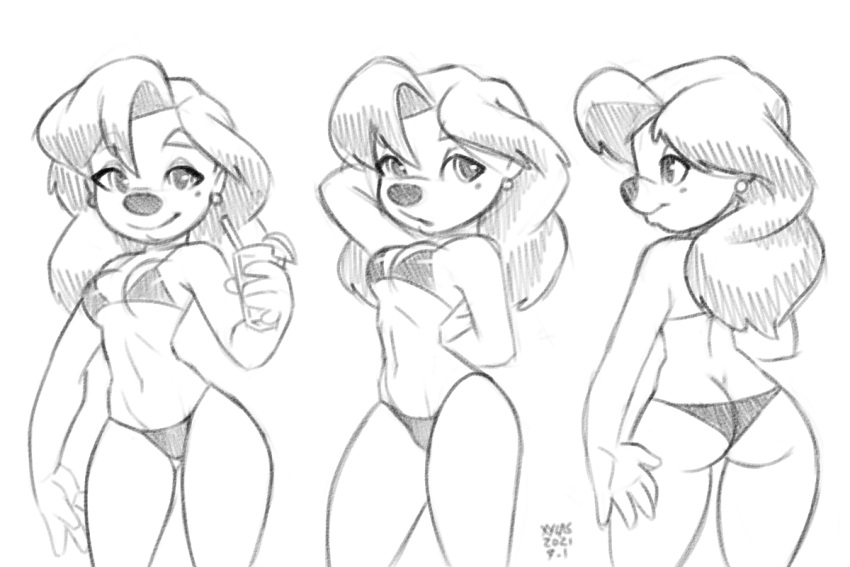 3:2 anthro beauty_mark bikini black_and_white breasts canid canine canis clothing disney ear_piercing female goof_troop hair looking_at_viewer mammal monochrome piercing roxanne_(goof_troop) shoulder_length_hair simple_background smile solo swimwear xylas