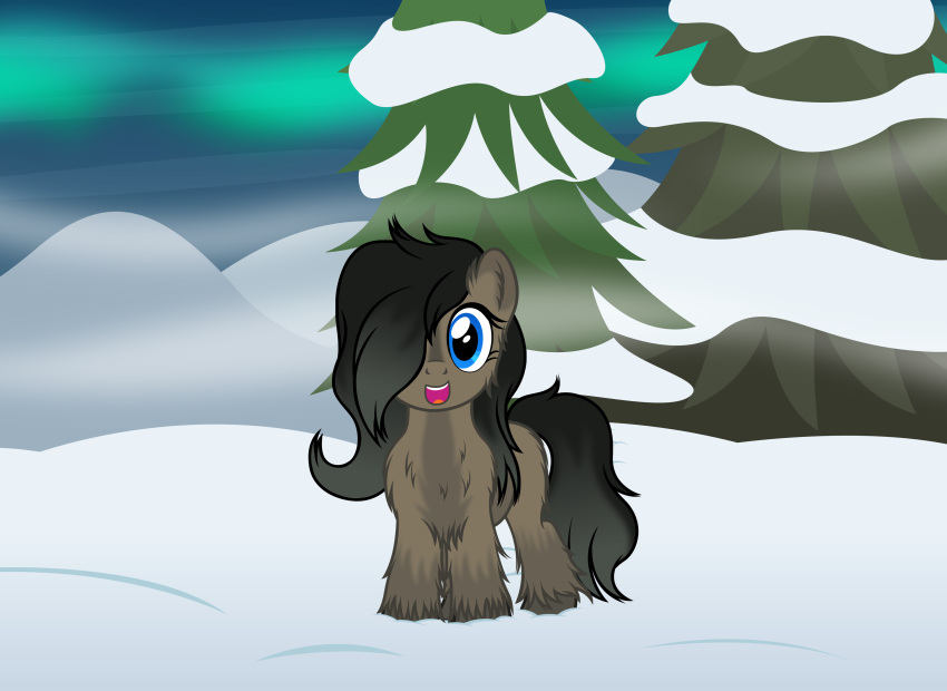 absurd_res aurora_borealis badumsquish blue_eyes equid equine hair hair_over_eye hasbro hi_res horse mammal mane messy messy_fur messy_hair messy_mane my_little_pony one_eye_obstructed plant pony snow tree yakutian_pony