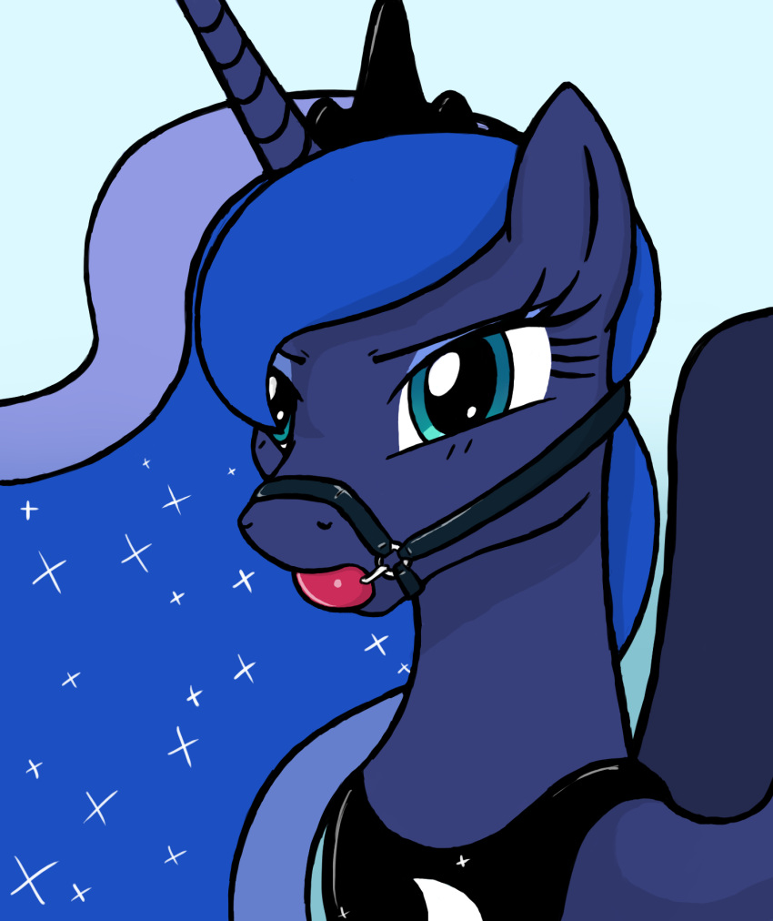 ball_gag bust_portrait crown equid equine female feral friendship_is_magic gag hi_res horn looking_away mammal my_little_pony narrowed_eyes portrait princess_luna_(mlp) simple_background solo tiara vadytwy winged_unicorn wings