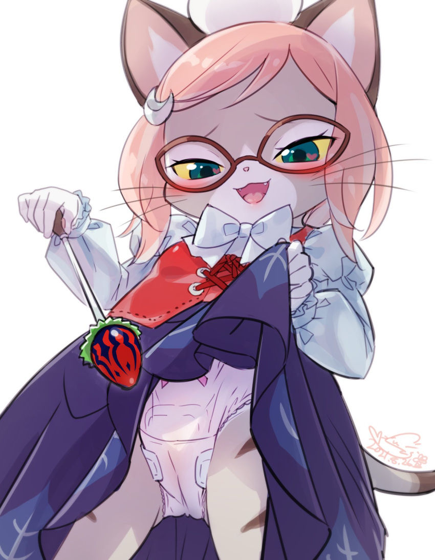 anthro blush capcom clothed clothing cotora eyewear felid felyne female glasses hi_res looking_down lynian mammal menstrual_pad monster_hunter monster_hunter_stories monster_hunter_stories_2:_wings_of_ruin panties raised_clothing solo teacher tsukino_(monster_hunter_stories) underwear video_games