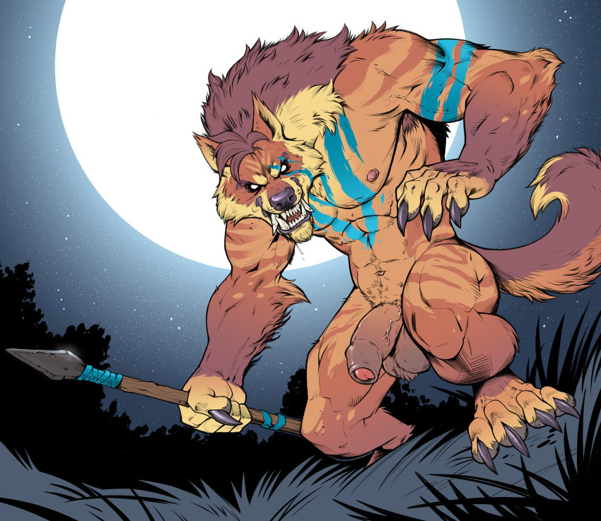 2021 abs anthro armpit_hair badcoyote ball_tuft balls biceps body_hair brown_body brown_fur brown_hair canid canine canis claws crouching finger_claws flaccid foreskin full_moon fur genitals grass hair hi_res holding_object holding_spear holding_weapon humanoid_genitalia humanoid_penis looking_at_viewer male mammal mane mane_hair markings melee_weapon moon muscular muscular_anthro muscular_male night night_sky nipples nude outside pecs penis plant polearm pubes quads sky solo spear star toe_claws triceps tuft vein veiny_penis weapon were werecanid werecanine werewolf white_eyes wolf