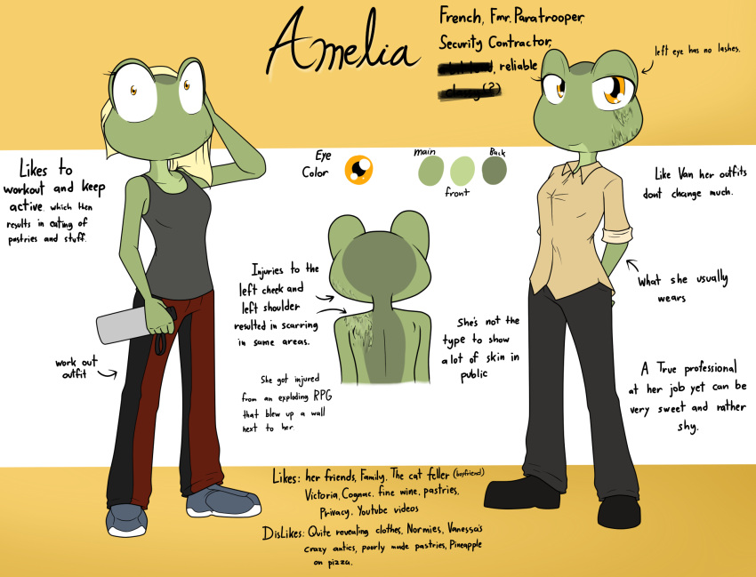 2019 amelia_(sandwich-anomaly) amphibian anthro breasts digital_media_(artwork) english_text eyelashes feet female finegrs frog green_body green_skin hands_behind_back hi_res looking_at_viewer model_sheet multicolored_body multicolored_skin sandwich-anomaly scar simple_background smile solo standing text towel water_bottle yellow_eyes