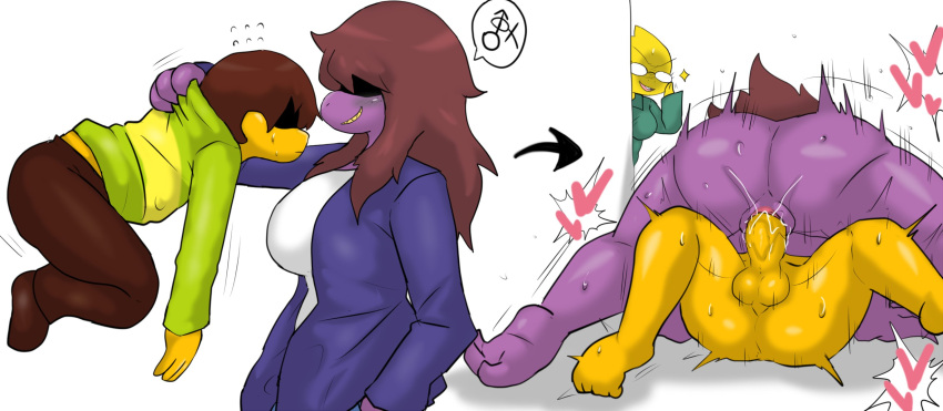 &lt;3 alphys amazon_position anthro anthro_penetrated balls bodily_fluids bottomwear brown_bottomwear brown_clothing brown_hair brown_pants butt clothed clothing deltarune dominant dominant_female duo_focus enigi09 female female_penetrated female_symbol from_front_position gender_symbol genital_fluids genitals green_clothing group hair hi_res holding_character human human_on_anthro human_penetrating human_penetrating_anthro interspecies kris_(deltarune) larger_female looking_at_sex lying male male/female male_penetrating male_penetrating_female male_symbol mammal monster nude on_back open_mouth pants penetration penile penile_penetration penis_in_pussy pussy pussy_juice reptile reverse_missionary_position scalie sex sexuality_symbol size_difference susie_(deltarune) symbol undertale undertale_(series) vaginal vaginal_penetration video_games