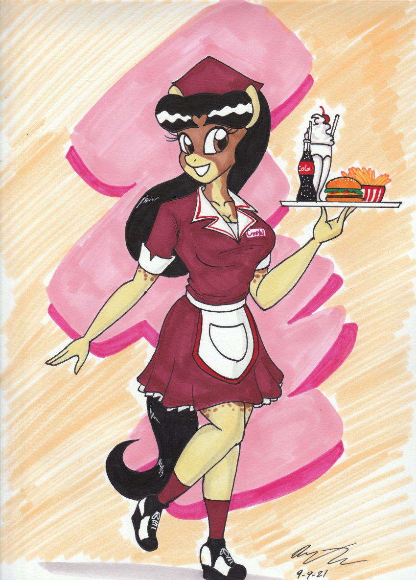 1950s absurd_res apron burger clothing coca-cola crystal_(oc) dress equid equine fan_character food footwear fries hasbro hat headgear headwear hi_res horse mammal milkshake my_little_pony newyorkx3 platter pony shoes socks solo text text_on_clothing text_on_dress waiter