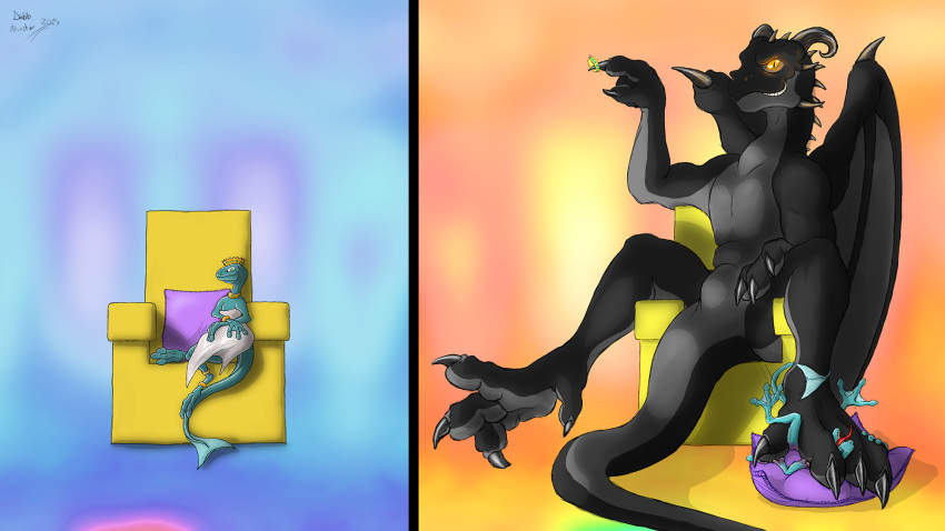 16:9 ahastar_(artist) anthro between_toes chair diablo_the_rex dragon duo feet female female_on_bottom foot_fetish foot_play furniture hi_res humiliation male male/female male_on_top on_bottom on_top pyroclast_(diablo_the_rex) reptile role_reversal saliska_(diablo_the_rex) scalie soles stomping throne toes underfoot western_dragon widescreen