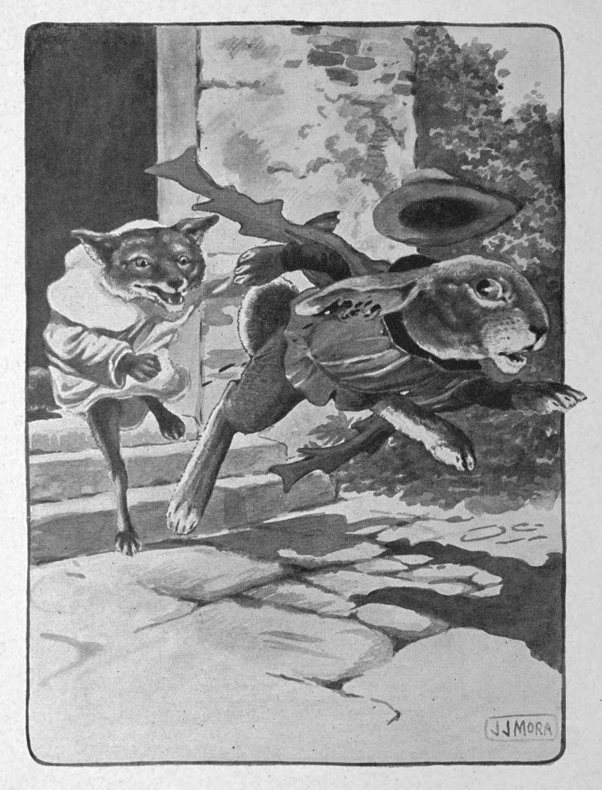 1920 20th_century ancient_furry_art anthro barefoot biped blood bodily_fluids canid canine chasing clothed clothing duo feet fox greyscale hat headgear headwear hi_res joseph_jacinto_mora lagomorph leporid long_ears male mammal monochrome notched_ear outside public_domain rabbit red_fox reynard_the_fox running signature text traditional_media_(artwork)