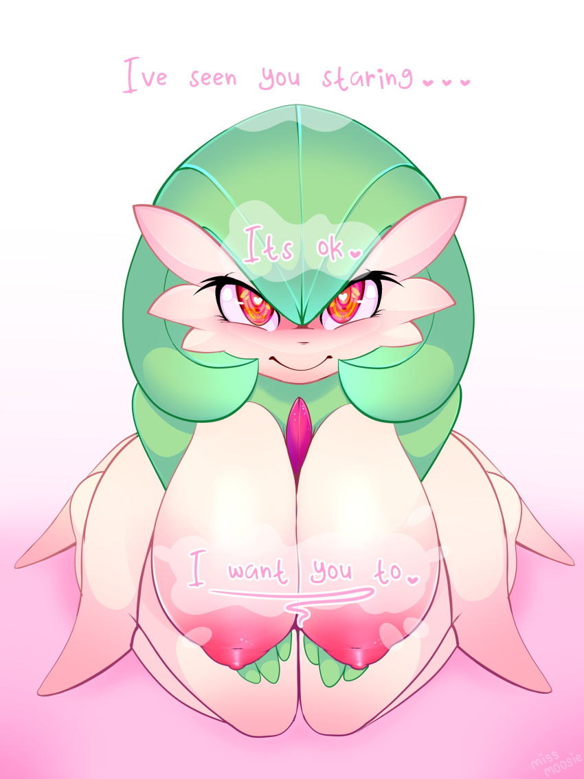 &lt;3 &lt;3_eyes 3:4 absurd_res big_breasts breasts english_text female gardevoir gradient_background heart_after_text heart_font heart_in_signature hi_res holding_breast huge_breasts humanoid kneeling looking_at_viewer miss_moosie nintendo not_furry nude pok&eacute;mon pok&eacute;mon_(species) signature simple_background smile solo text text_with_heart video_games