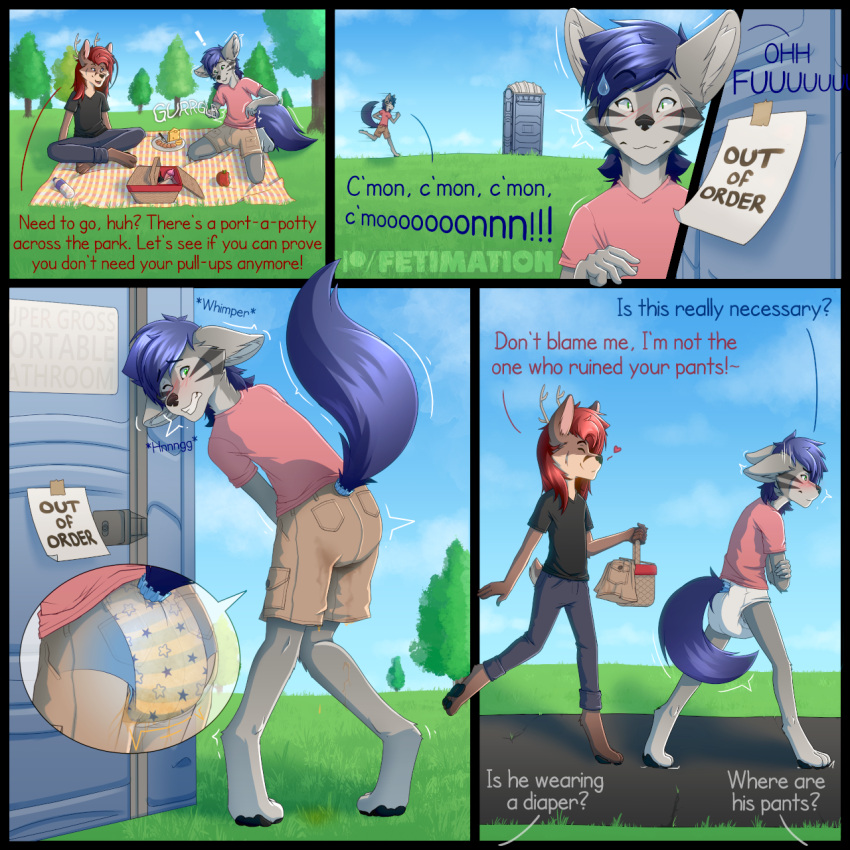 ! &lt;3 1:1 anthro antlers basket bent_leg bent_legs blue_eyes blue_hair blush bodily_fluids bottle bottomwear brown_body brown_fur canid canine canis cargo_shorts cervid clothing color_coded color_coded_text container crossed_ankles denim denim_clothing desperation dialogue diaper domestic_dog duo ears_down embarrassed english_text fetimation fur genital_fluids grass green_eyes grey_body grey_fur hair heart_reaction hi_res holding_basket holding_container holding_object horn jeans kneeling knees_together knock-kneed leaking_diaper leaking_urine lotus_pose male male/male mammal markings on_one_leg pants park pattern_diaper picnic picnic_basket pivoted_ears plant portapotty print_diaper public raised_tail red_hair red_heart running shirt shorts sitting sky spread_knees standing star star_diaper star_pattern star_print straight_leg t-shirt text topwear tree urine water_bottle watersports wet wet_diaper wetting
