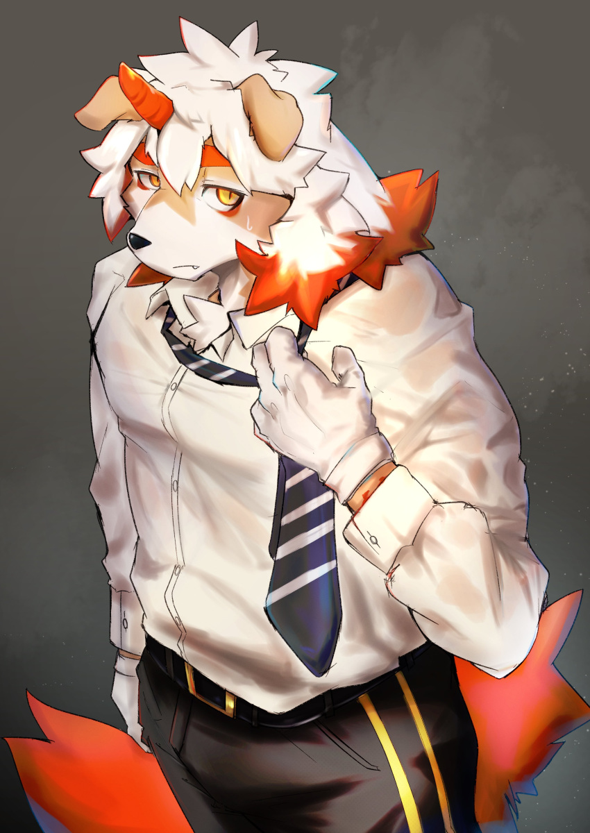 absurd_res anthro arknights asleepchef canid canine canis clothing domestic_dog fur hair hi_res horn hung_(arknights) hypergryph male mammal multicolored_body multicolored_fur multicolored_hair solo studio_montagne video_games white_body white_fur white_hair